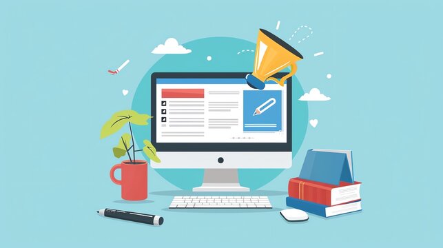 Online course creation, tutorial setup, flat design illustration