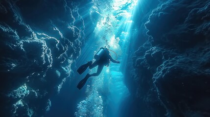 Fototapeta premium Scuba Diver Ascending Through Underwater Canyon