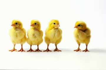 Three chicks in front of white background.