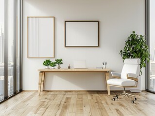 White open space office interior with blank wall
