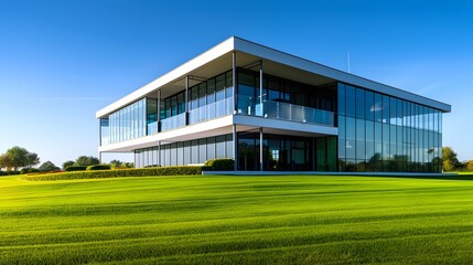 Fototapeta premium Modern Glass and Steel Corporate Office Building on Lush Green Meadow