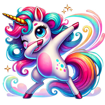 Cute unicorn with vibrant colorful mane and tail, performing the dab dance move, playful expression. Watercolor Clipart isolated on Transparent Background.