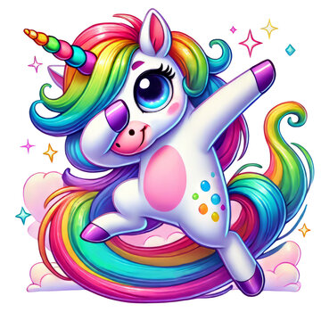 Cute unicorn with vibrant colorful mane and tail, performing the dab dance move, playful expression. Watercolor Clipart isolated on Transparent Background.