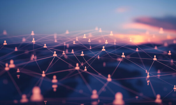 Abstract network of interconnected glowing icons of people against a blurred gradient background in pink and purple hues, representing digital community and connectivity
