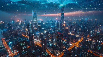 Fototapeta premium Isometric smart city design concept. Business center with skyscrapers and intelligent buildings,IOT for the internet of things