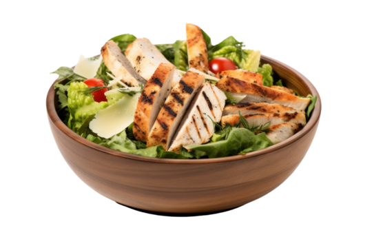 Grilled Chicken Caesar Salad Isolated pieces on a white background Shows various types of salad vegetables. Grilled chicken breast cut into bite-sized pieces, croutons, and clearly Caesar dressing.