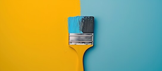 A yellow brush is exposed to blue paint on a yellow and blue background