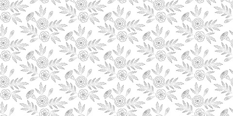 Seamless pattern with black contour marigolds, flowers, leaves, buds on a white background