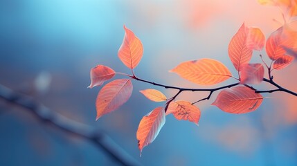 Enchanting Leaves: Closeup of Vibrant Colorful Leaves on Branch with Soft Blue and Pink Hues
