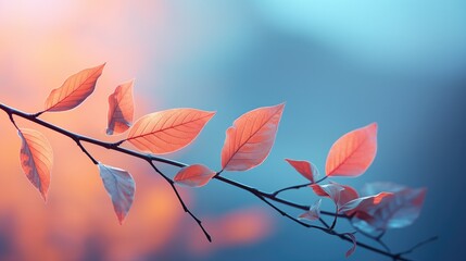 Enchanting Leaves: Closeup of Vibrant Colorful Leaves on Branch with Soft Blue and Pink Hues