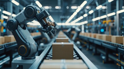 Fototapeta premium robotic arms organizing boxes in a hightech warehouse, automated efficiency, close up, logistics, realistic, fusion, modern warehouse backdrop