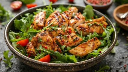 Tasty salad with grilled chicken, healthy food