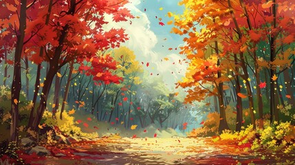Vibrant anime depiction of a colorful autumn forest, with vibrant red, orange, and yellow leaves falling gently to the ground