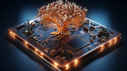 Glowing wireframe brain symbolizing artificial intelligence on dark circuit board