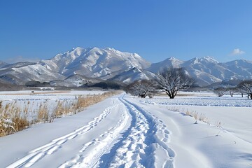 Obraz premium Snowy path towards the mountain