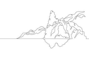 Sea cliffs with reflection. Beautiful rocky coast. Mountain landscape. Seashore.One continuous line drawing on a white isolated background. Minimalism linear illustration.