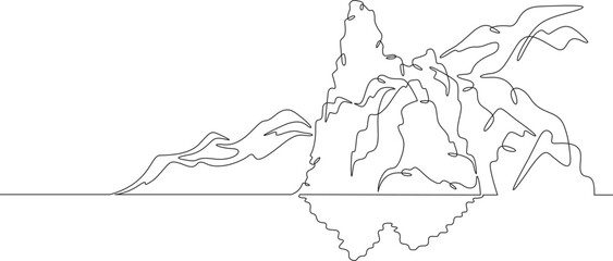 Sea cliffs with reflection. Beautiful rocky coast. Mountain landscape. Seashore.One continuous line drawing on a white isolated background. Minimalism linear illustration.