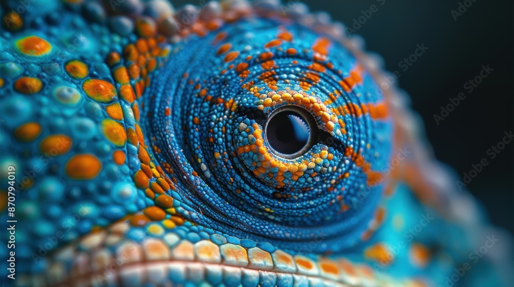 Poster a close-up of a chameleon's eye, capturing its intricate patterns and colors as it blends into its s