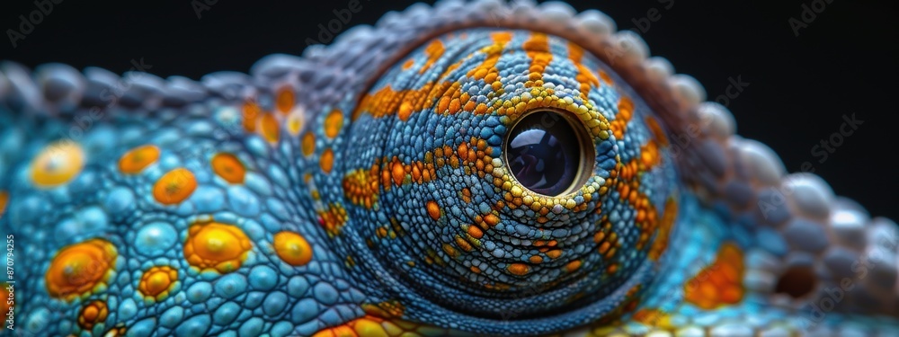 Poster a close-up of a chameleon's eye, capturing its intricate patterns and colors as it blends into its s