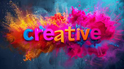 Explosive paint burst in gradient colors, featuring the word "creative" in 3D letters.