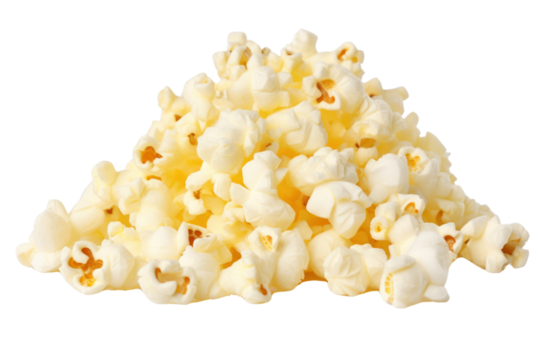 Classic popcorn Isolated pieces on a white background It clearly shows popcorn with white swollen kernels, salt, and melted butter.