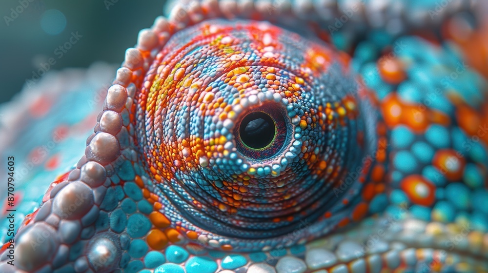 Poster a close-up of a chameleon's eye, capturing its intricate patterns and colors as it blends into its s