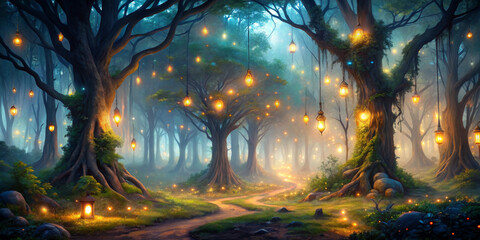 Obraz premium Lanterns hang from the trees, illuminating a mystical forest with a soft, enchanting glow. A winding path leads deeper into the enchanting woodland, creating a sense of magical wonder.AI generated.