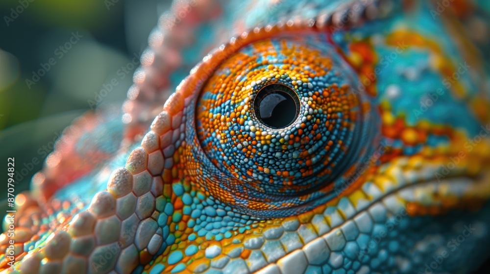 Poster a close-up of a chameleon's eye, capturing its intricate patterns and colors as it blends into its s
