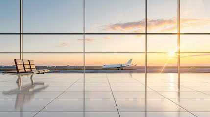 Fototapeta premium The photo shows an empty airport terminal with a large window looking out onto the runway.