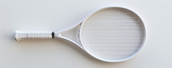 A white tennis racket on a white background, minimalist design. Sports equipment concept