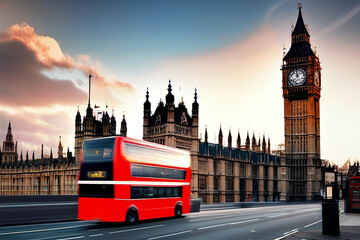 London, the UK. Red bus and Big Ben