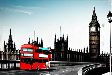 London, the UK. Red bus and Big Ben