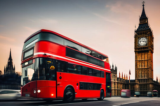 London, the UK. Red bus and Big Ben