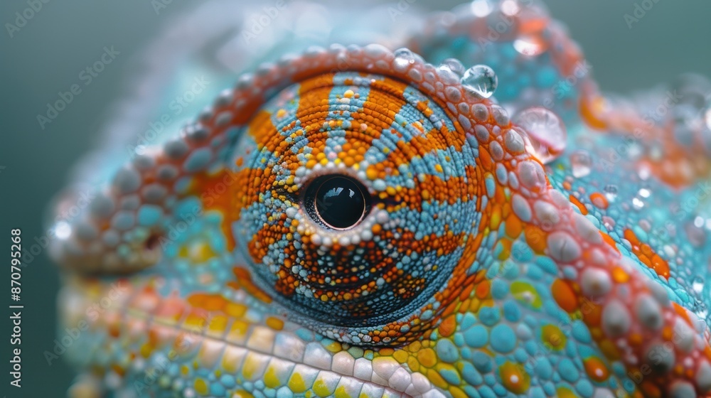 Poster a close-up of a chameleon's eye, capturing its intricate patterns and colors as it blends into its s