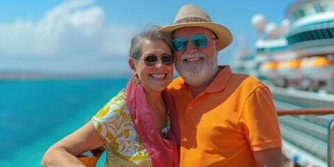 A photo of happy senior couple on a cruise ship, wearing colourful bright clothes on a sunny day. Travel and tourism concept.