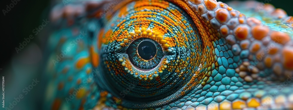 Poster a close-up of a chameleon's eye, capturing its intricate patterns and colors as it blends into its s