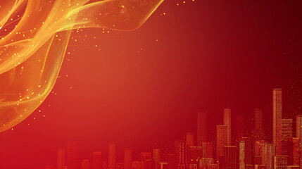Golden line particle outline of the city particle red background