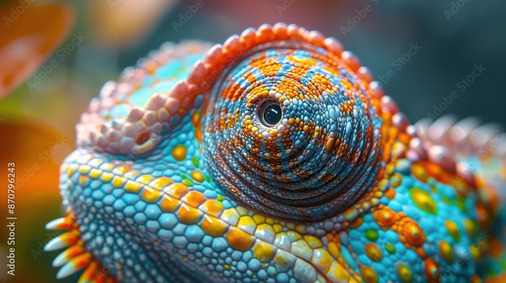 Poster a close-up of a chameleon's eye, capturing its intricate patterns and colors as it blends into its s