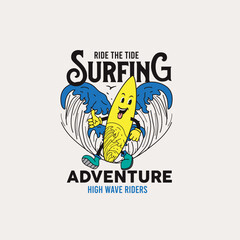 Ride the tide Surfing Adventure Wave rider funny cartoon surf board graphic design
