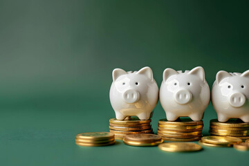 Portfolio management and diversification concept, financial and investment sustainable growth, sector and industry diversify in stock or fund or currency, piggy banks on golden coins