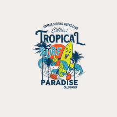Tropical Surf paradise typography retro funny surf board design