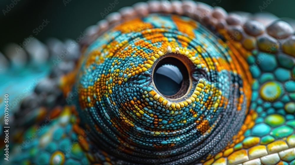 Poster a close-up of a chameleon's eye, capturing its intricate patterns and colors as it blends into its s