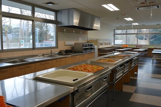 Empty school cafeteria with food ready to serve
