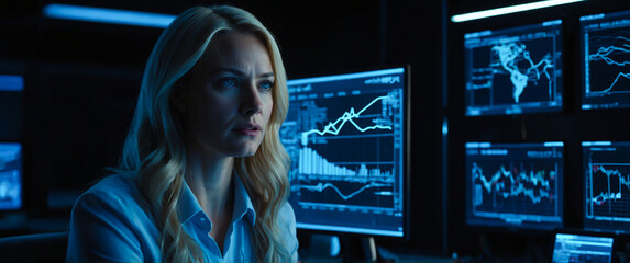 A blonde woman is sitting in front of a computer monitor in a dark room and a blue neon screen with a serious expression on her face. A blonde woman in a digital technology laboratory.