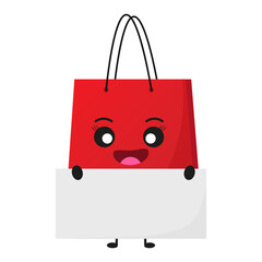 cute cartoon red shopping bag with empty sign. character shopping bag and poster 