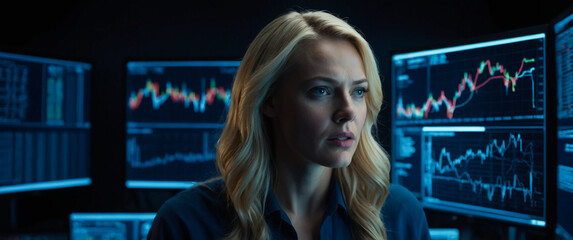 A blonde woman is sitting in front of a computer monitor in a dark room and a blue neon screen with a serious expression on her face. A blonde woman in a digital technology laboratory.