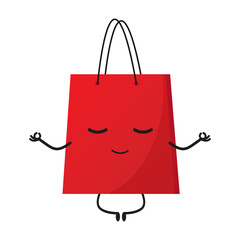 funny cartoon red shopping meditates. relaxing bag character. cute cartoon character in lotus position