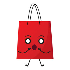 Vector cute red shopping bag surprised. Cartoon shop mascot in flat style. character scared

