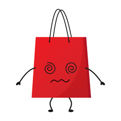 
Funny cartoon dizzy paper bag. Shopping bag mascot in flat style. Funny drunk character  
