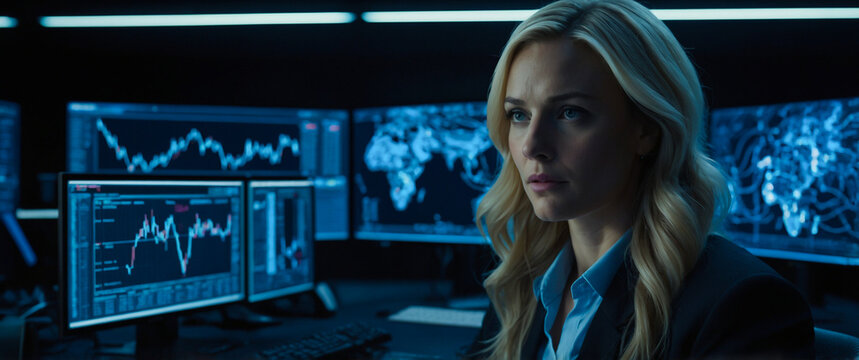 A blonde woman is sitting in front of a computer monitor in a dark room and a blue neon screen with a serious expression on her face. A blonde woman in a digital technology laboratory.